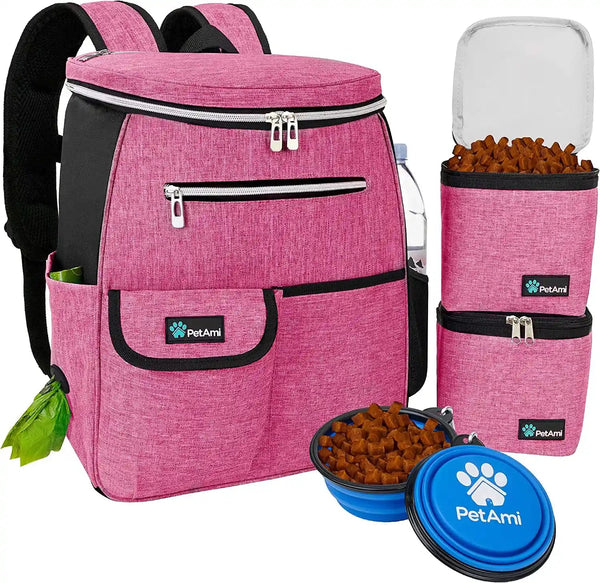 Petami Dog Travel Bag Backpack, 27L Airline Approved Pet Supplies Organizer with 2 Food Containers, 2 Collapsible Bowls & Poop Bag Dispenser, Weekend Road Trip Camping Dog Mom Gift, Purple12