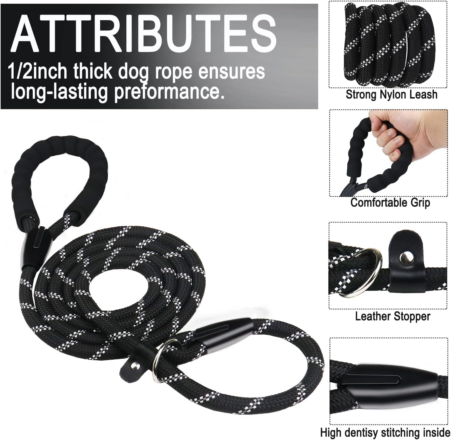 dog-leash-6-ft-heavy-duty-dog-leashes-durable-premium-quality-strong-rope-slip-leash-with-comfortable-padded-handle-and-highly-reflective-threads-for-small-medium-and-large-dogs-black