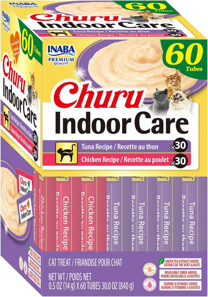 INABA Churu Indoor Care for Hairball Control, Functional Lickable Cat Treat with Taurine & Green Tea Extract, 0.5Oz Each, 24 Tubes Total, Tuna Recipe15