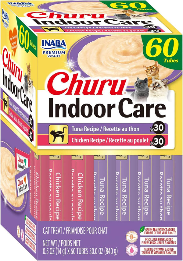 INABA Churu Indoor Care for Hairball Control, Functional Lickable Cat Treat with Taurine & Green Tea Extract, 0.5Oz Each, 24 Tubes Total, Tuna Recipe15
