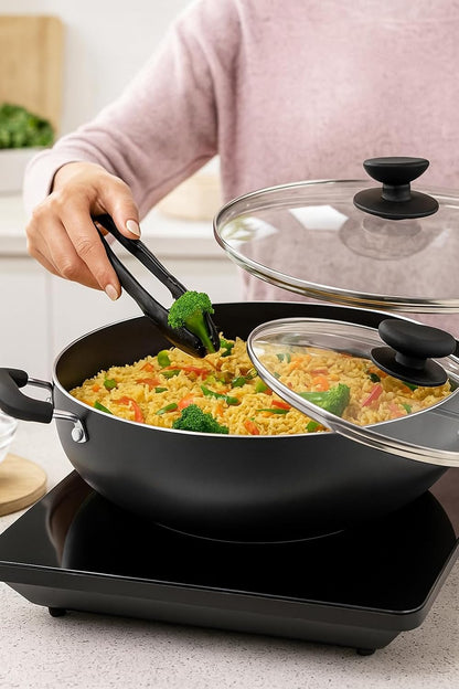 Kadhai Nonstick Kadai with Glass Lid All Purpose Cookware Indoor Outdoor Aluminum Induction Base Deep Fry Pan Stir Fry Pan Wok Skillet Deep Frying Pan (240Mm) 2.2 Ltr5