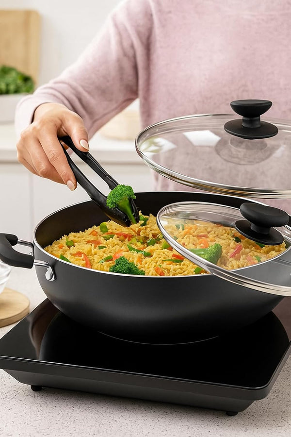 Kadhai Nonstick Kadai with Glass Lid All Purpose Cookware Indoor Outdoor Aluminum Induction Base Deep Fry Pan Stir Fry Pan Wok Skillet Deep Frying Pan (240Mm) 2.2 Ltr5