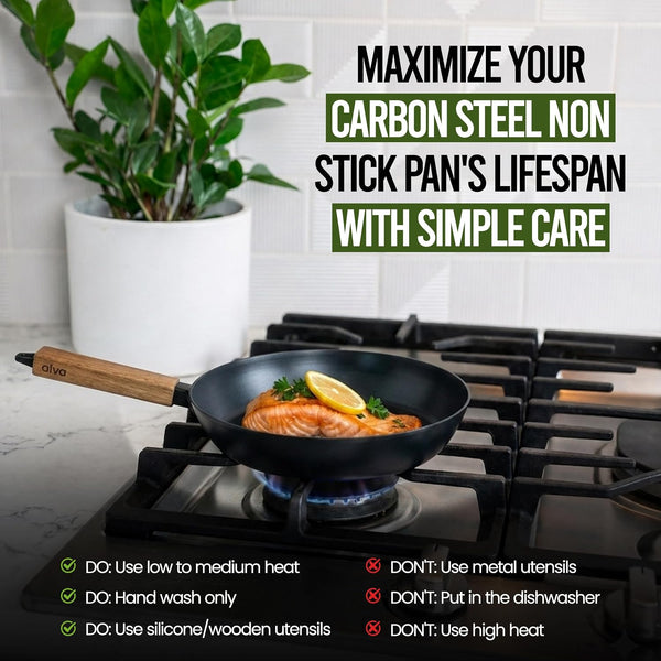 Forest 4-Piece Professional Carbon Steel Frying Pan Set, Wood Handle | Pre-Seasoned Non-Toxic Frying Pans - Chemical-Free, Traditional Cooking Surface - All Stovetop Compatible & Fast-Heating2