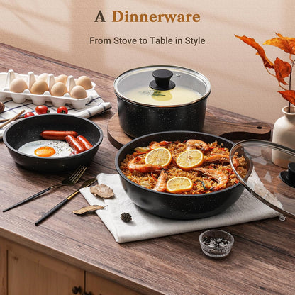 15Pcs Pots and Pans Set Non Stick, Detachable Handle, Induction | Nonstick,Black, Aluminum, Granite Coating,Induction Ready, RV Kitchen, Stackable Design, Space-Saving for Small Kitchens7