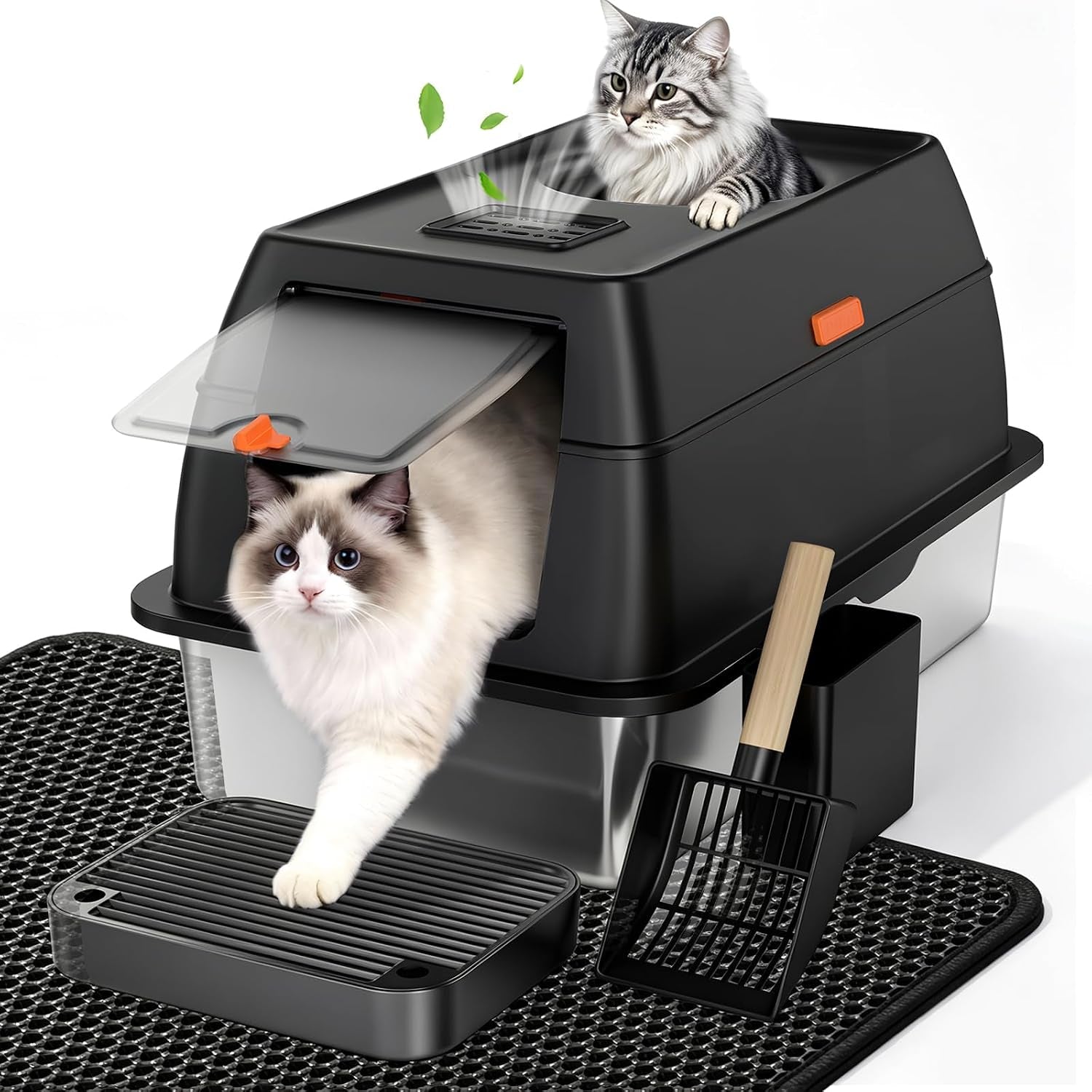 xl-enclosed-stainless-steel-litter-box-with-lid-light-gray-covered-high-sided-rustproof-leak-proof-easy-clean-odor-control-includes-scoop-step