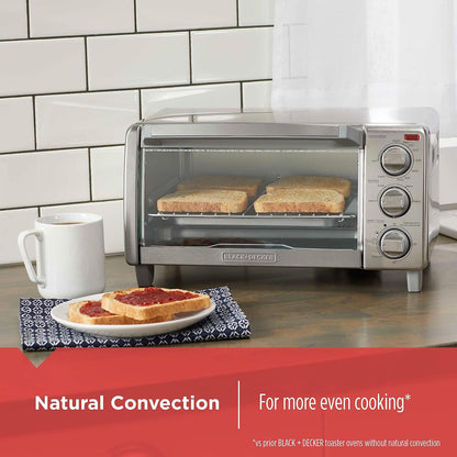 BLACK+DECKER™ Natural Convection 4-Slice Toaster Oven, Stainless Steel, Bake, Broil, Toast, Keep Warm Cooking Functions4