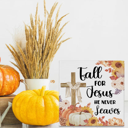 Fall Decor Religious Cross Pumpkins Decorations Fall for Jesus He Never Leaves Wooden Sign Rustic Home Decor 5 X 5 Inches6