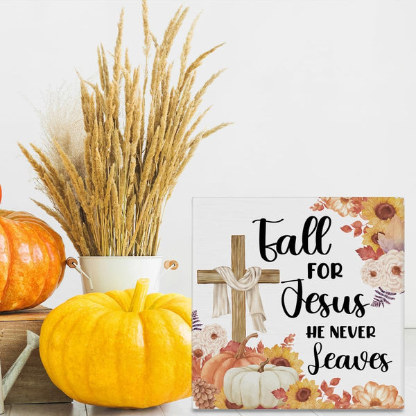 Fall Decor Religious Cross Pumpkins Decorations Fall for Jesus He Never Leaves Wooden Sign Rustic Home Decor 5 X 5 Inches6