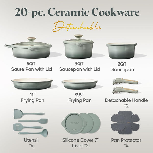 20Pcs Titanium Cookware Set, Pots and Pans Set Detachable Handle | Non-Stick, Non-Toxic, PFAS and PFOA Free, Induction Compatible, Dishwasher & Oven Safe, Space Saving, Camping Cooking, Green2