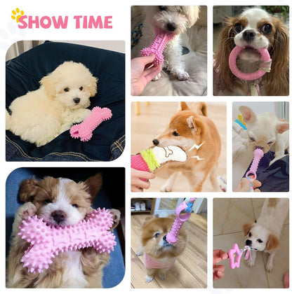 BAEJMJK 6 Pack Puppy Teething Toys Pink Small Breed Dog Chew Toys with Rope Cute Soft Rubber Puppy Toys Set for Cleaning Teeth Interactive Pet Doggy Bone Toys7
