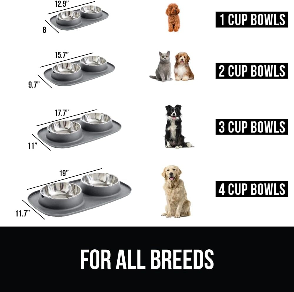 gorilla-grip-patented-dog-bowl-set-with-slip-resistant-silicone-feeding-mat-food-grade-304-stainless-steel-bowls-bpa-free-high-edge-spill-containment-dishwasher-safe-finger-notch-removal-2-cup-gray