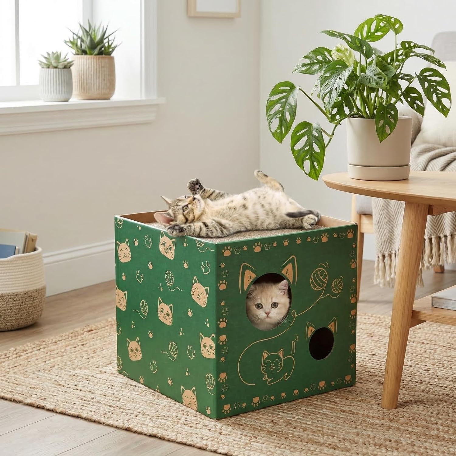 pumtus-2-pack-cardboard-cat-houses-cat-play-house-with-2-pcs-scratching-pad-corrugated-kitten-hideaway-cave-cute-cats-condos-box-cat-scratching-toy-scratcher-bed-for-indoor-cats-kittens-bunny