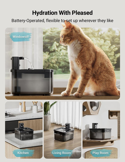 Downypaws Cat Water Fountain Cordless, Pet Fountain, 84Oz/2.5L, Black | Wireless Cat Drinking Water Fountains for Cats Indoor, Fursink , Battery Operated, Motion Sensor, Ultra Quiet Pump, Bpa-Free2