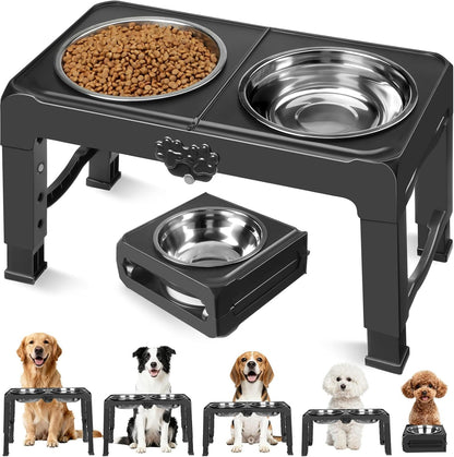 COMESOON Elevated Dog Bowls for Small Medium Dogs, 3 Height Adjustable Raised Stand with 2 Thick 6" Stainless Steel Food Bowls, Non-Slip Feeder Adjusts to 2.75", 6", 7.5", Black10