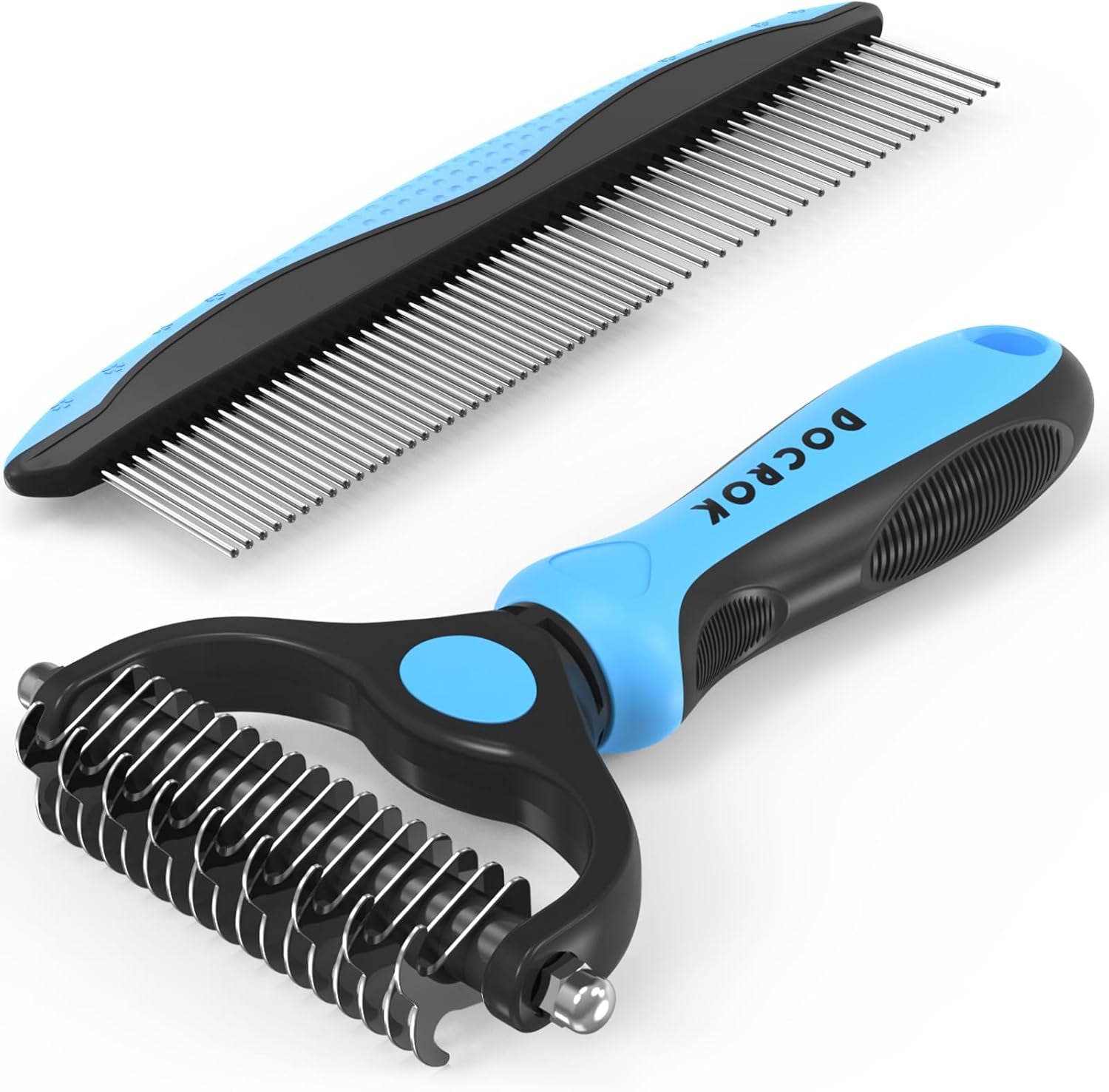 docrok-pet-grooming-combo-blue-deshedding-brush-with-metal-comb-for-detangling-and-dematting-long-matted-fur-on-cats-and-dogs