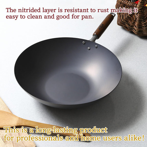 燕鉄器 Nitrided Flat-Bottom Wok with Handle, Woks, Stir Fry Pans 12.99 Inch 33Cm4