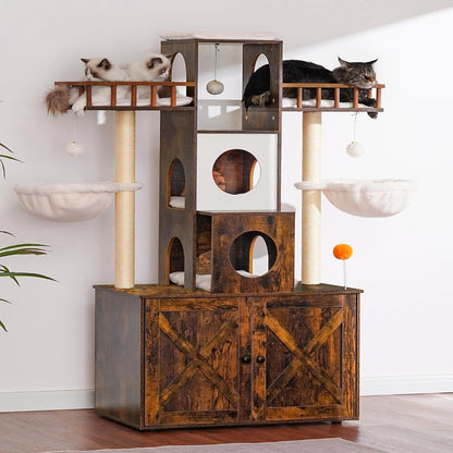 Heybly Cat Tree with Litter Box Enclosure for Indoor Big Cat, Cat Tower for Large Cats 20 Lbs Heavy Duty, Modern Cat Condo Furniture with Scratching Posts, Rustic Brown HCT110SR4