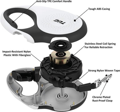 TUG 360° Tangle-Free Retractable Dog Leash | 16 Ft Strong Nylon Tape | One-Handed Brake, Pause, Lock (Medium, White)6