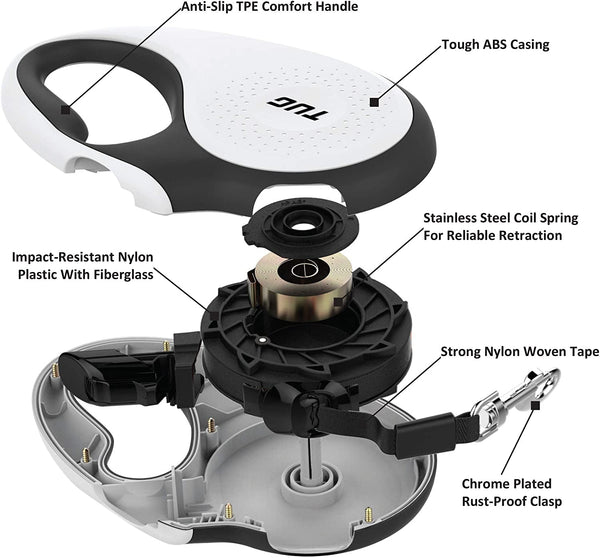 TUG 360° Tangle-Free Retractable Dog Leash | 16 Ft Strong Nylon Tape | One-Handed Brake, Pause, Lock (Medium, White)6