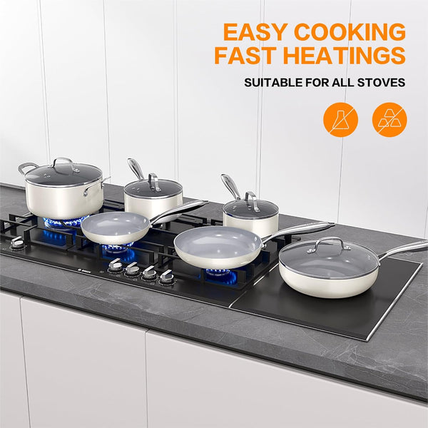 Ceramic Nonstick Cookware Set, 10Pcs Non Toxic Pots and Pans Set | Pfoa-Free Healthy Kitchen Cooking Set, Induction Compatible & Oven Safe, Easy to Clean, Dishwasher Safe, Even Heating3