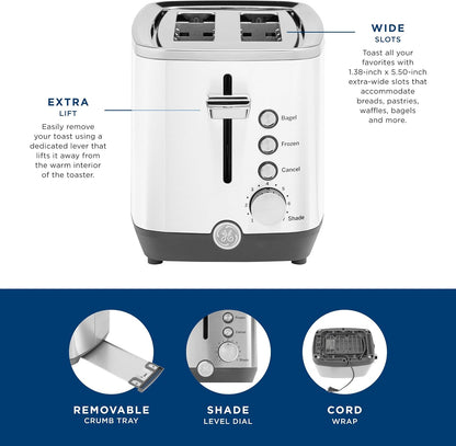 GE 2 Slice Toaster, Extra Wide Slots for Toasting Bagels, Breads, Waffles & More, 7 Adjustable Shade Settings, Removable Crumb Tray, Countertop Kitchen Essentials, 850 Watts, White5