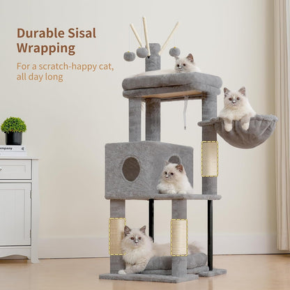 Heybly Cat Tree, 45.3-Inch Cat Tower for Indoor Cats with Large Perch, All-In-One Cat Furniture with Cozy Bed, Hidden Space Cat Condo, Comfy Hammock, Scratching Posts & 3 Pompoms, Light Gray HCT202SW9