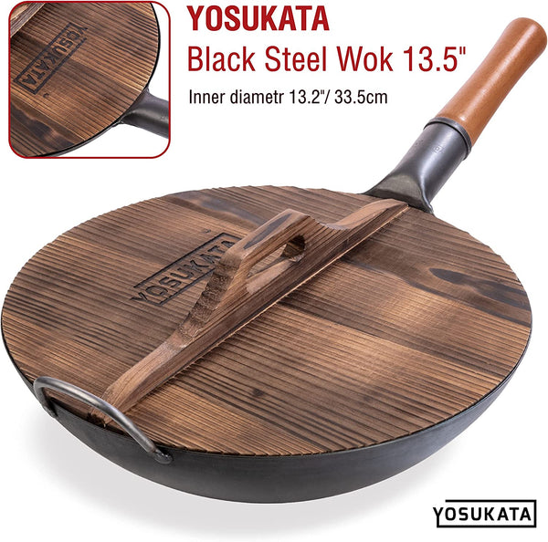 Carbon Steel Wok Pan 13,5 “ + Premium Wok Cover 13.5 Inch Pan Lid + Natural Wooden Long Cooking Chopsticks Set of 3 Pairs7