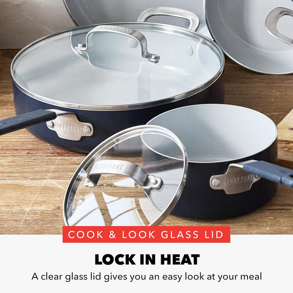 X Bobby Flay 13 Piece Nonstick Cookware Pots and Pans Set, Pfas-Free Diamond Ceramic, Induction Suitable, Easy Clean Dishwasher & Oven Safe, Stay-Cool Silicone Handles, Glass Lids, Navy Blue9