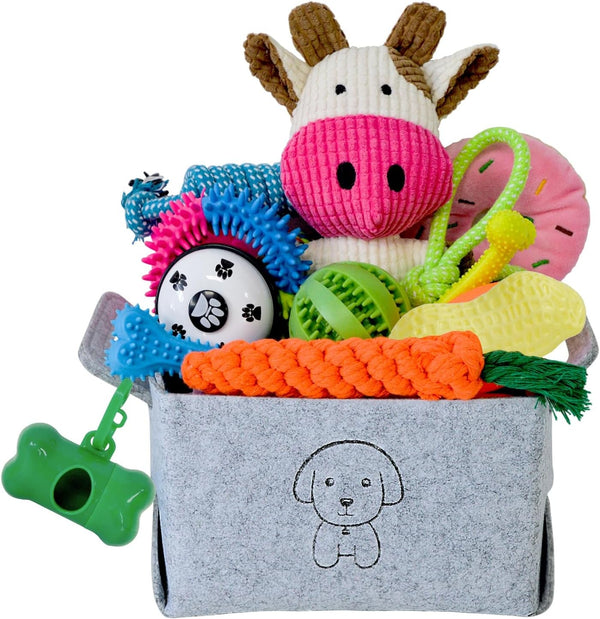 MRSOHRET 20Pcs Puppy Chew Toys for Teething, Dog Chew Toys with Rope Toy, Pet Dog Toothbrush, Treat Balls, Plush Toys and Squeaky Toys for Small Medium Dogs with Basket to Keep Them Busy1