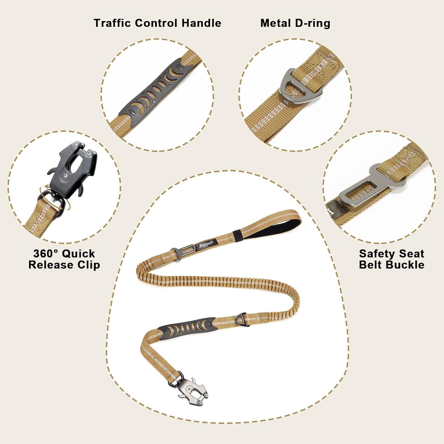 raipult-tactical-dog-leash-heavy-duty-4-6ft-shock-absorbing-bungee-leash-with-quick-release-clip-2-handles-no-pull-waking-lead-with-car-seatbelt-for-medium-large-dogs-that-pull-khaki