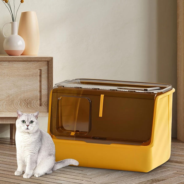 Hooded Cat Litter Box Enclosed Covered Toilet Container Sturdy Deep Pan Portable Pet Supplies Kitten Potty- Yellow7