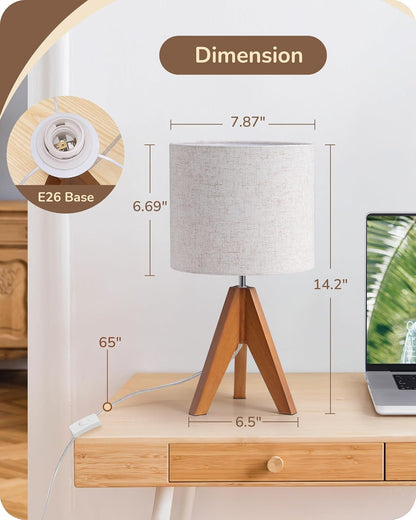 Tripod Table Lamp, Small Cute Bedside Lamp, 14.2 Inch, E26 Base | Light Brown Wooden Base, Linen Beige Lampshade, Nightstand Lamp for Nursery, Bedroom, Kid Room, Living Room5