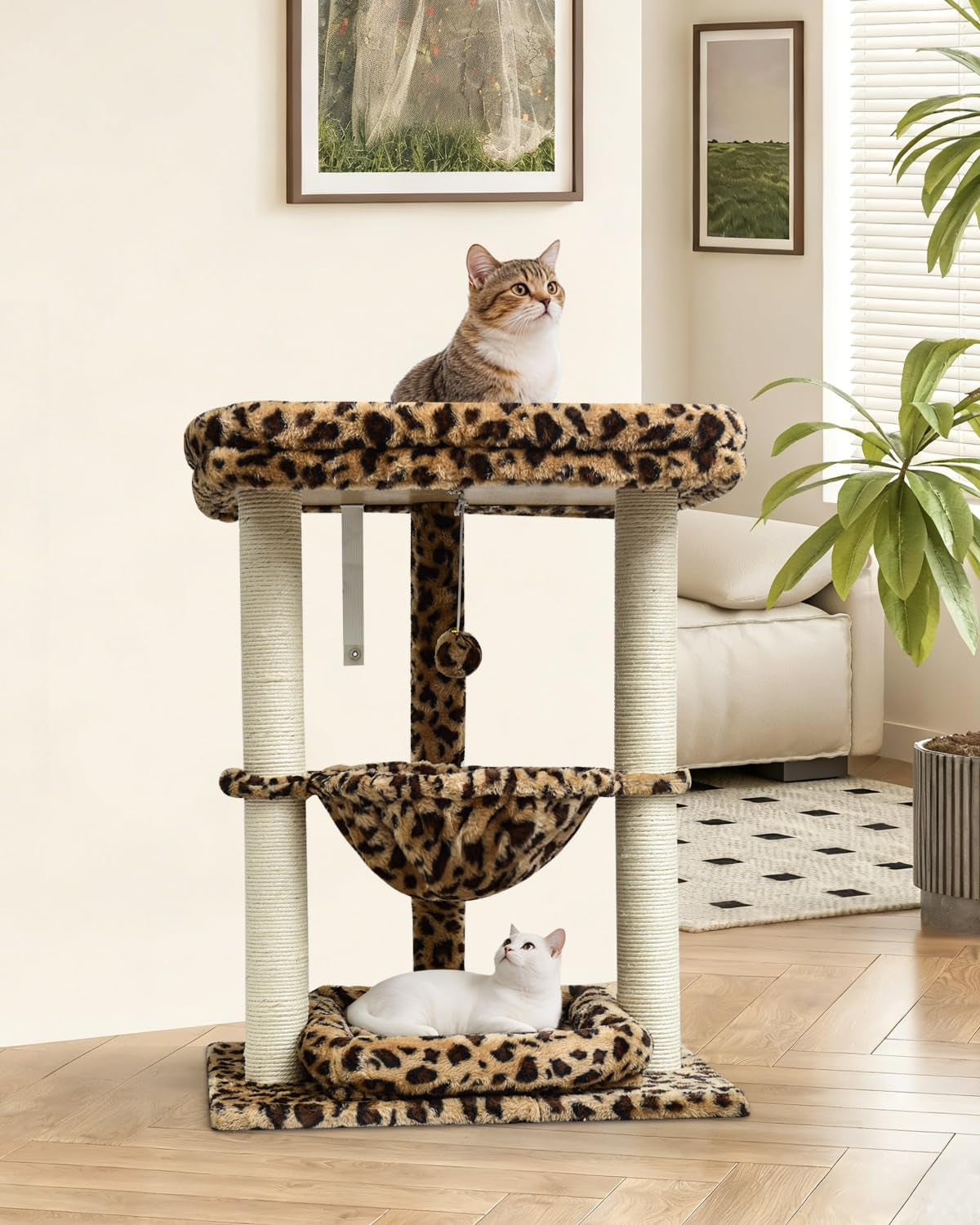 syandlvy-leopard-print-small-cat-tree-with-top-perch-hammock-bottom-bed-3-level-natural-sisal-scratching-post-tower-with-hanging-bell-ball-and-anti-tip-strap-stable-indoor-cat-furniture