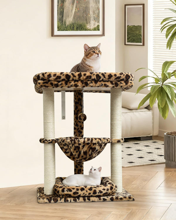 SYANDLVY Leopard Print Small Cat Tree with Top Perch, Hammock & Bottom Bed | 3 Level, Natural Sisal Scratching Post Tower with Hanging Bell Ball and Anti-Tip Strap, Stable Indoor Cat Furniture6